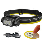 Nitecore NU45 headlamp worn on headband for hands-free outdoor illumination.