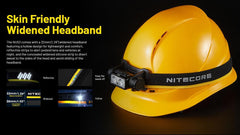 Nitecore NU53 headband worn on head for secure all-day comfort.
