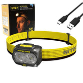 Nitecore UT27 headlamp front view showing compact, hands-free lighting for outdoor tasks.