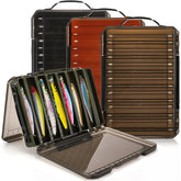 Noamus 3-pack double-sided fishing lure boxes in green, orange, and tea-color translucent lids