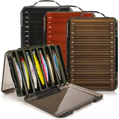 Noamus 3-pack double-sided fishing lure boxes in green, orange, and tea-color translucent lids