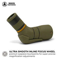 Nocs Provisions Lite View eye relief close-up shows twist-up eyecup for eyeglass wearers