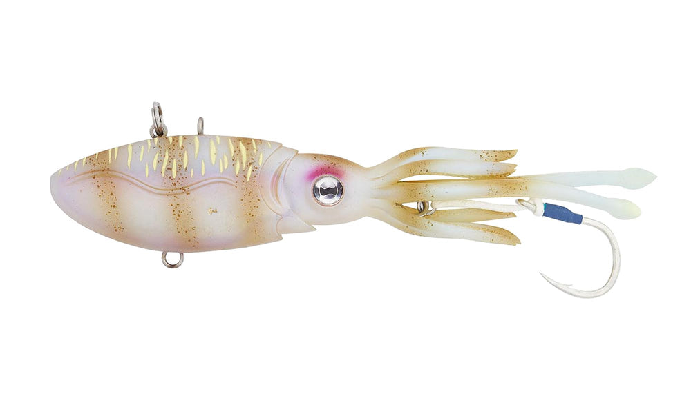 Nomad Design Squidtrex lure front view shows tiger pattern for offshore targeting.