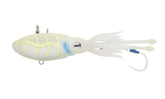 Nomad Design Squidtrex lure white glow front view highlights pulsating vibration for offshore trolling