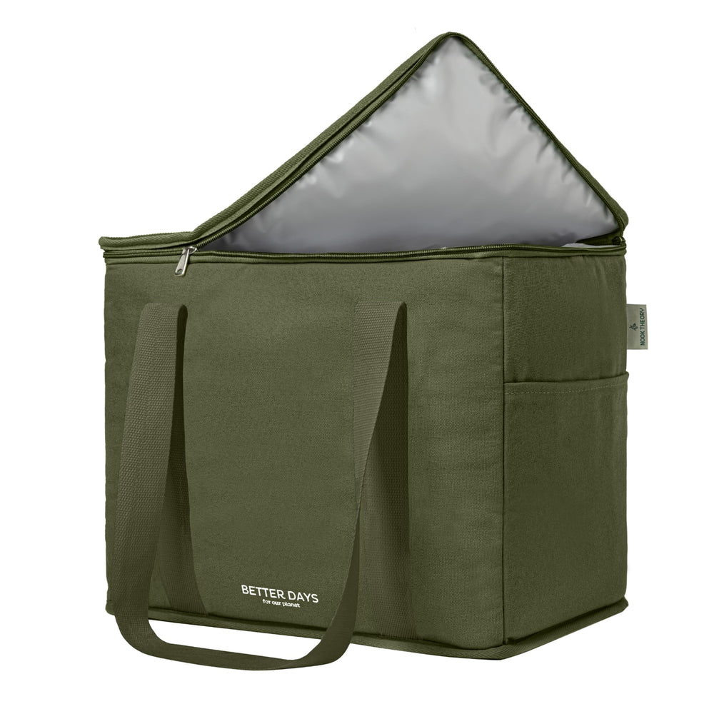 Nook Theory reusable insulated grocery bag forest green front view for convenient shopping.