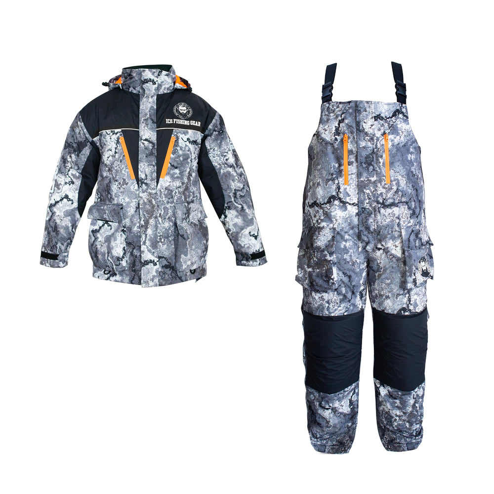 Nordic Legend legendary camo ice fishing suit front view showing rugged waterproof exterior for cold lakes