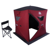Nordic Legend two-man ice shelter front view with spacious hub-to-hub space for gear.