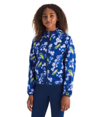 The North Face Girls' TNF Cyclone Wind Jacket front view in Estate Blue floral print for outdoor adventures