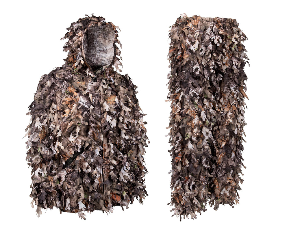 North Mountain Gear Ghillie Suit hooded jacket with dense camouflage leaves for woodland concealment.