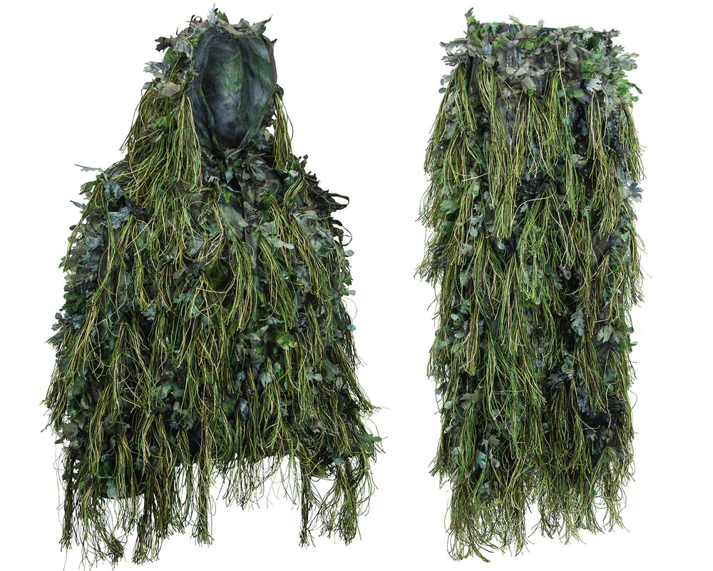 North Mountain Gear Hybrid Ghillie Jacket in woodland green for stealth in woodland hunts.