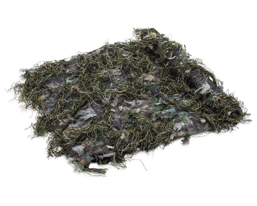 North Mountain Gear universal camo netting woodland green draped over a blind for natural concealment