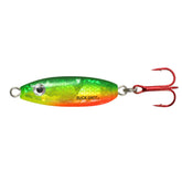 Northland Buck-Shot ice spoon in Super-Glo Firetiger with high visibility for vertical jigging.