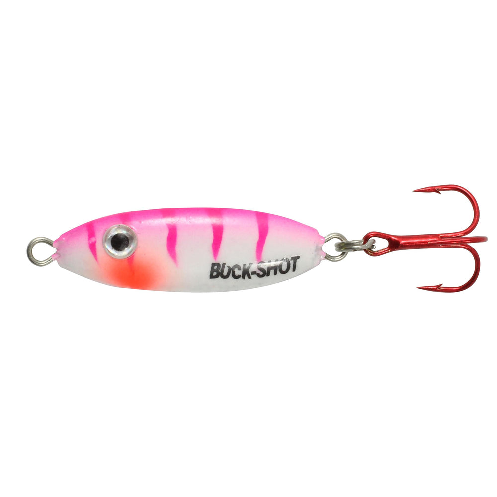 Northland Buck Shot UV Spoon in UV Pink Tiger enhances lure visibility for ice fishing.