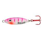 Northland Buck Shot UV Spoon in UV Pink Tiger enhances lure visibility for ice fishing.
