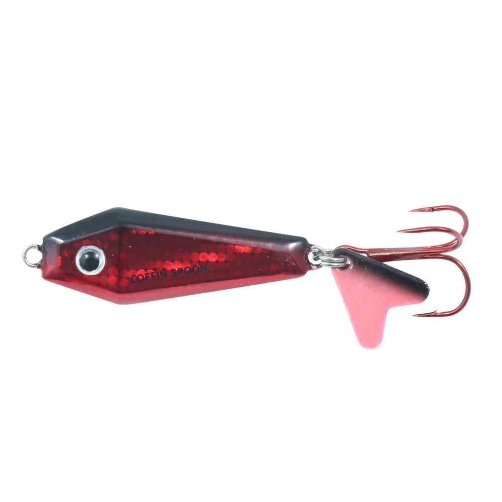 Northland Tackle Buck-Shot Coffin Spoon 3-8oz Redfish Glow boosts visibility under ice.