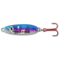 Northland Tackle FMS1-25 forage minnow spoon in action, a rugged ice fishing lure with vivid glow.