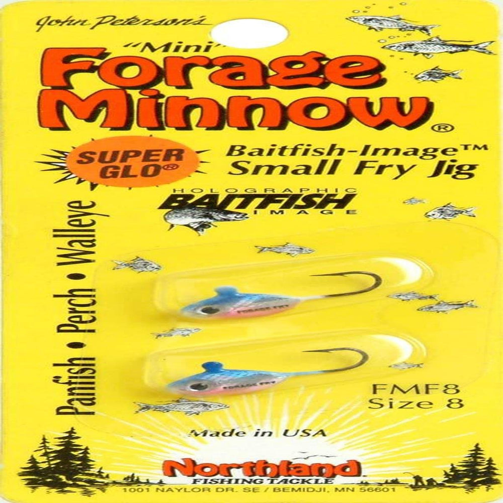 Northland Tackle forage minnow fry jig in Super-Glow Rainbow boosts ice fishing visibility.