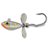 Northland Tackle Whistler Jig UV Purple Tiger front view for perch in clear water.