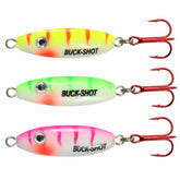 Northland Buck-Shot UV rattle spoon closeup shows holographic baitfish for walleye attraction.
