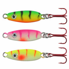 Northland UV Forage Minnow Spoon with pink tail boosts perch visibility.