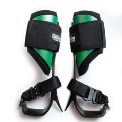 Notch Gecko carbon fiber climbers with quick-connect lower strap for secure fit and fast adjustments.