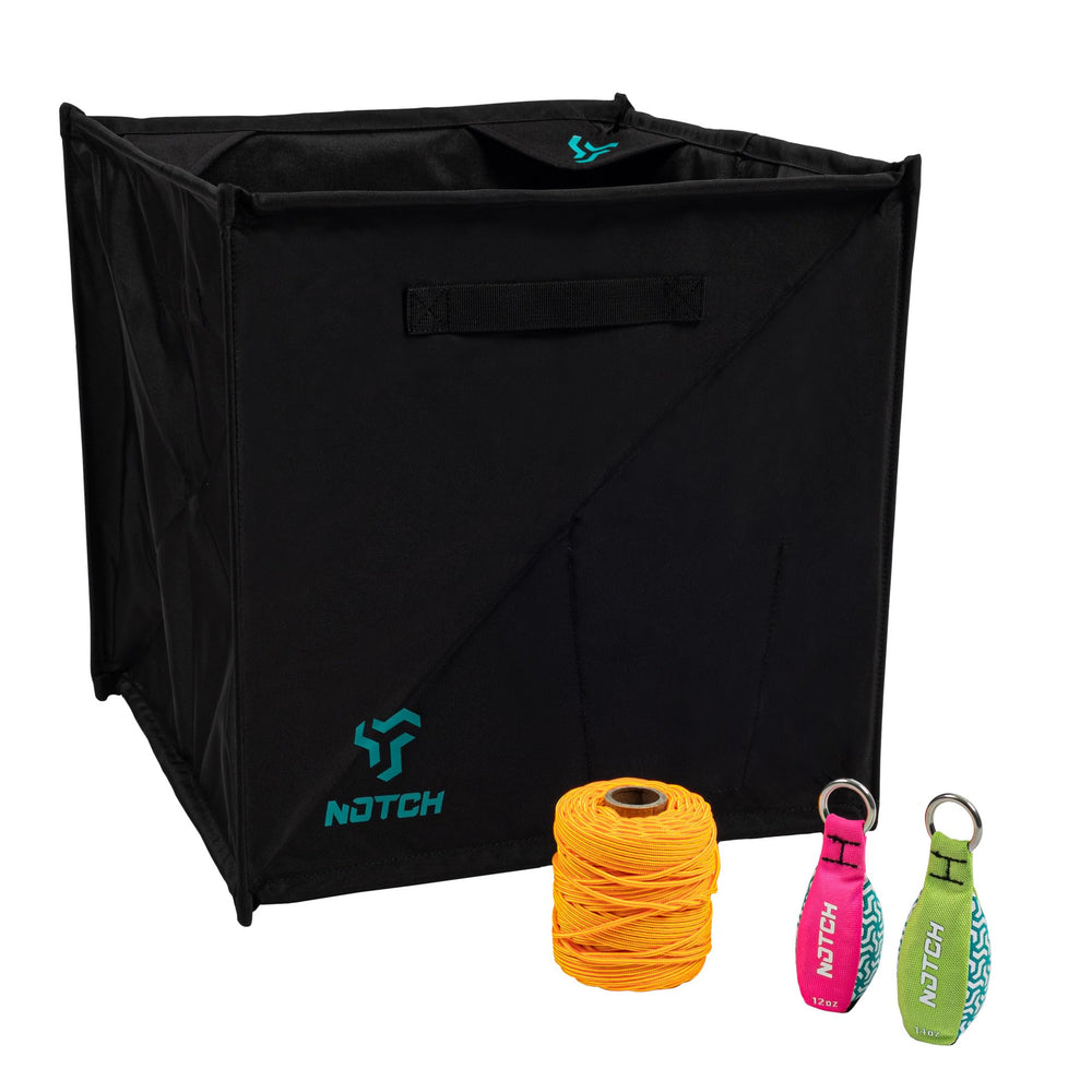 Notch Folding Cube keeps ends isolated for tidy, portable line storage.