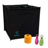Notch Folding Cube keeps ends isolated for tidy, portable line storage.
