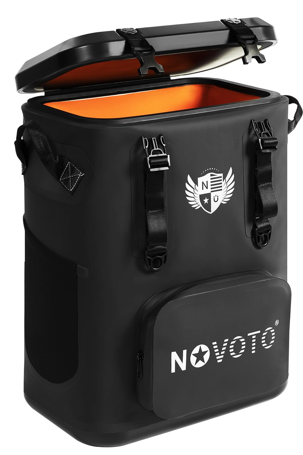 Novoto Magnetic Backpack Cooler front view showing 30-can capacity for hands-free beach outings.