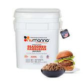 NuManna freeze-dried ground beef bucket with closed lid, ideal for long-term storage.