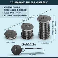 NUMANU XXL Stool wide-seat shows 11.8-inch width for stable seating outdoors.