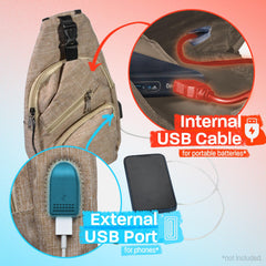 Nupouch Anti-Theft Daypack USB port enables portable charging during travel.