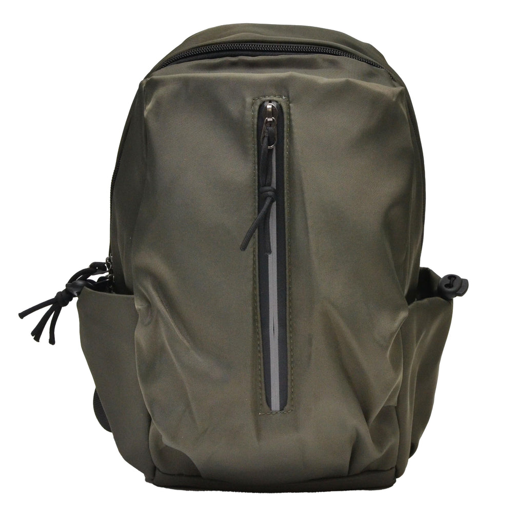 Nupouch olive sling bag front view shows compact size and spacious interior.