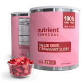 Nutrient Survival freeze-dried strawberries can label emphasizes 25-year shelf life for emergencies.