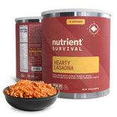 Nutrient Survival Hearty Lasagna packaging front highlights shelf-stable nutrition for emergencies