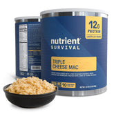 Nutrient Survival Triple Cheese Mac packaging highlights shelf-stable emergency nutrition.