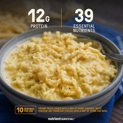 Nutrient Survival Triple Cheese Mac serving bowl demonstrates quick hot-water meal for survival.