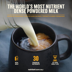 Nutrient Survival vitamin powdered milk being poured into water for instant milk.
