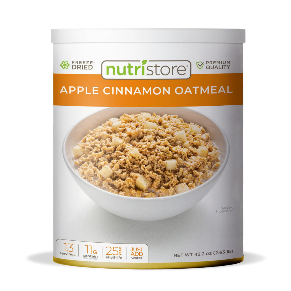 Nutristore freeze-dried apple cinnamon oatmeal can for long storage and easy prep.