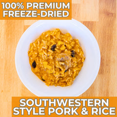 Nutristore Southwestern pork and rice can label closeup; shows quality freeze-dried meal.