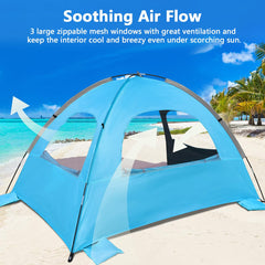 NXONE beach tent three mesh windows provide breezy airflow at the shoreline