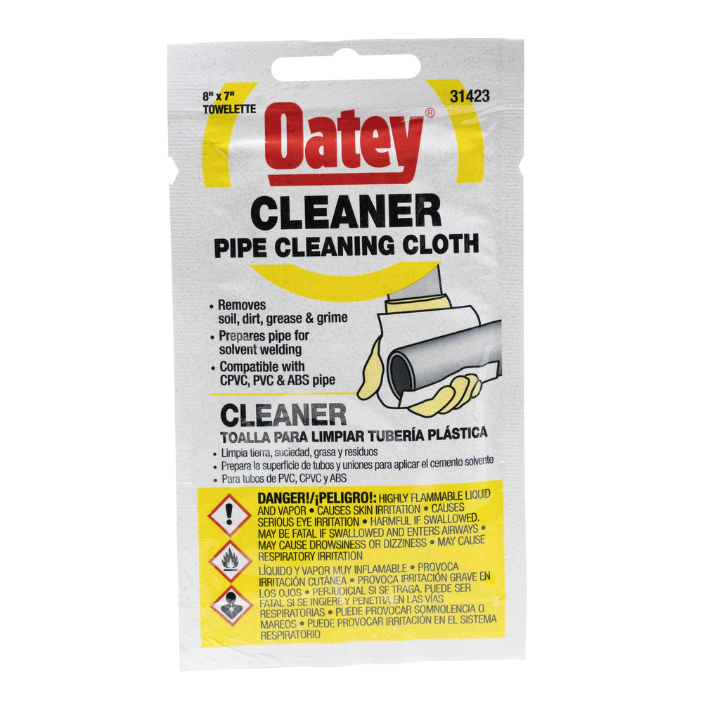 Oatey cleaning cloth for PVC, CPVC and ABS pipes, preps surfaces for solvent welding.