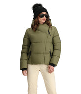 Obermeyer Calypso Down Jacket Smokey Olive front view offers warm everyday style.
