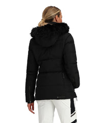 Obermeyer Circe Down Jacket black, close-up detail of removable faux fur hood for versatile styling.