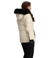 Obermeyer Circe Down Jacket Sahara 14 side view highlighting relaxed silhouette