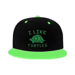 OCALL I Like Turtles flat-brim hat side view shows versatile fashion accessory.
