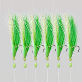 Front view of Ocean CAT 10Packs green feather fishskin rigs