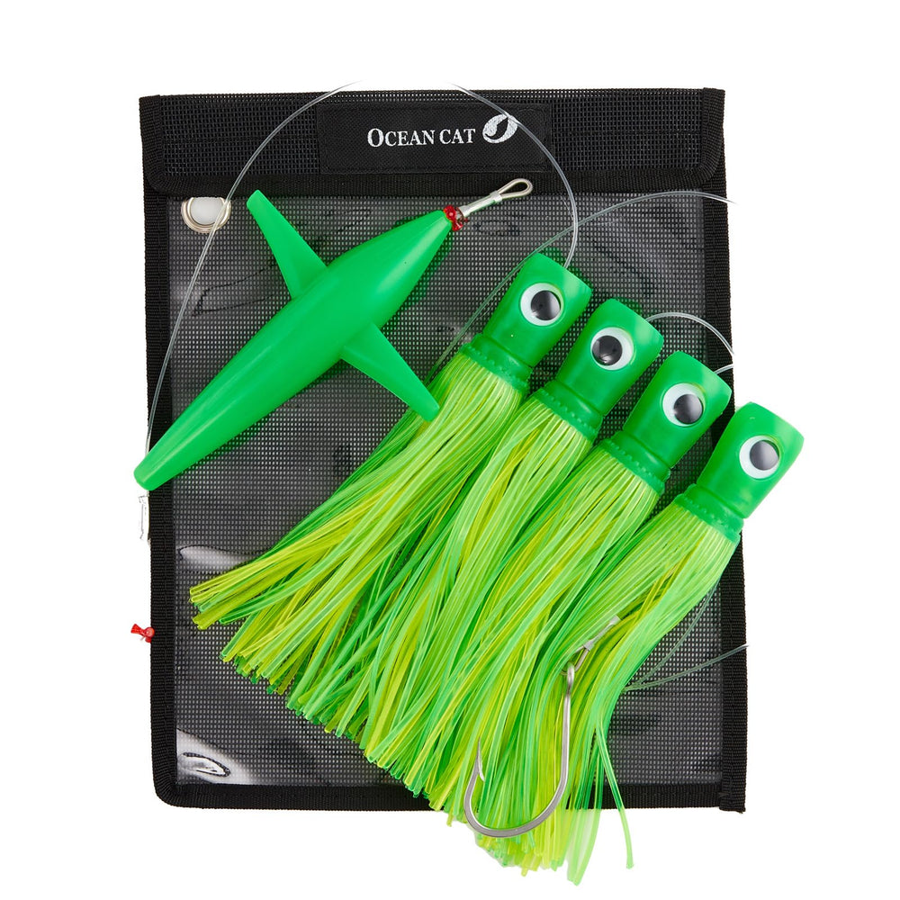 Ocean Cat chain teaser with four 6-inch soft-head lures for offshore trolling.