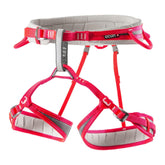 Ocun Neon 3 women's harness pink buckle closeup highlighting secure, easy-adjustment waist buckles during climbs.