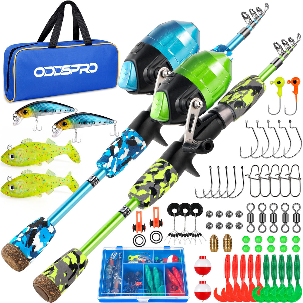 ODDSPRO Kids fishing pole blue-pack demonstrates portable backyard practice.