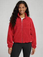 ODODOS polar fleece jacket red cinchable-hem shows adjustable fit